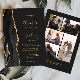 Convite Casamento Escuro 5-Fotos Ágata Dourada Preta