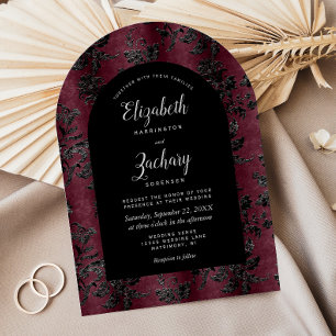 Convite Casamento Escuro Borgonha Preto Damasco Arco
