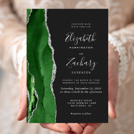 Convite Casamento Escuro Caçador Moderno Verde Prata Ágata