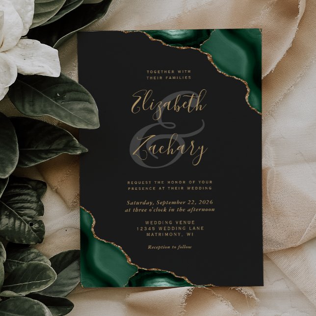 Convite Casamento Escuro Cantos de Ágata Verde Esmeralda (Criador carregado)