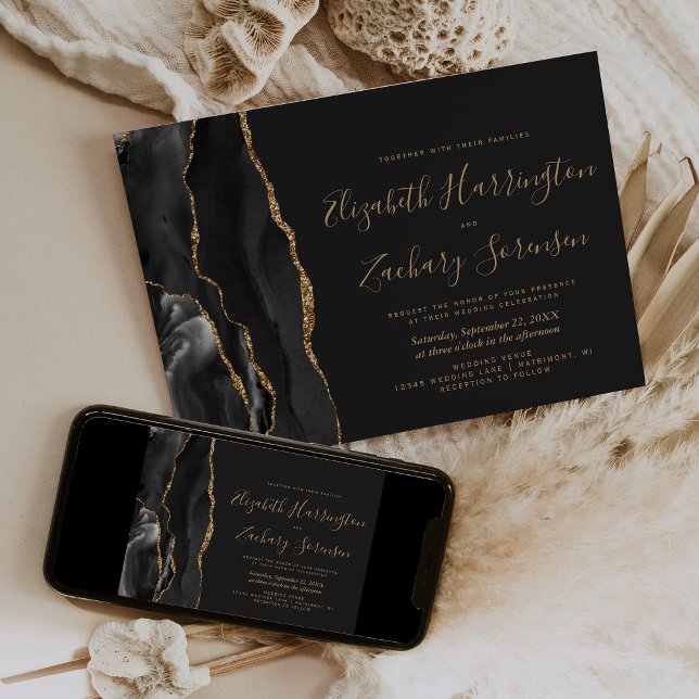 Convite Casamento Escuro de Ágata Dourada Preta Moderna (Criador carregado)