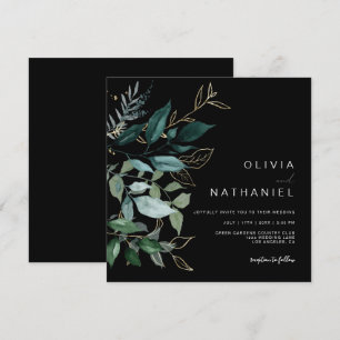 Convite Casamento Escuro de Foliage Foliage Dourado Emeral
