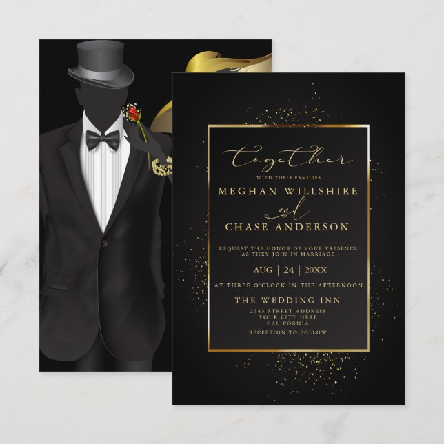 Convite CASAMENTO | Escuro Elegante e brilho Dourado (Frente/Verso)