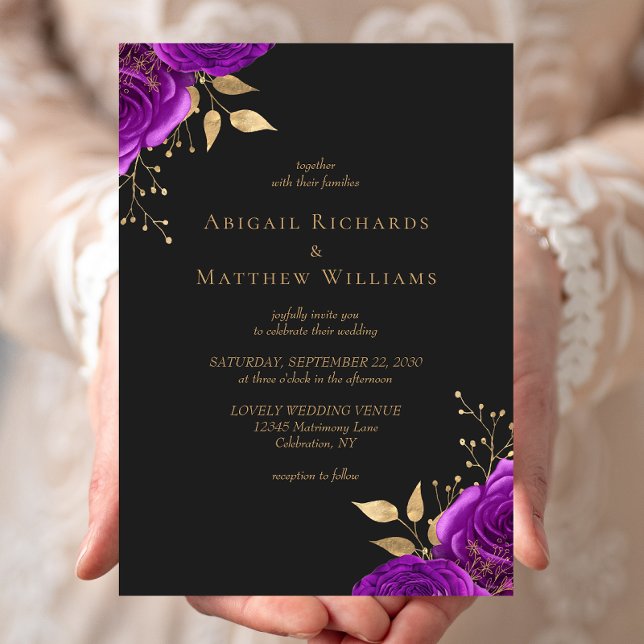 Convite Casamento Escuro Floral Roxo Dourado Romântico (Criador carregado)