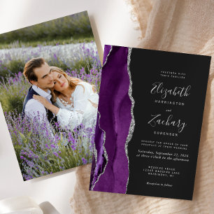 Convite Casamento Escuro Foto Ágata Prata Roxo Moderno