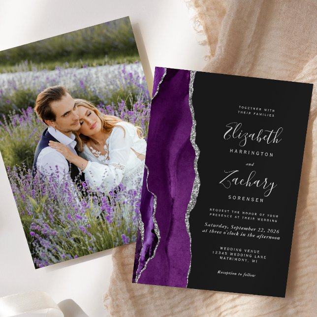 Convite Casamento Escuro Foto Ágata Prata Roxo Moderno (Criador carregado)