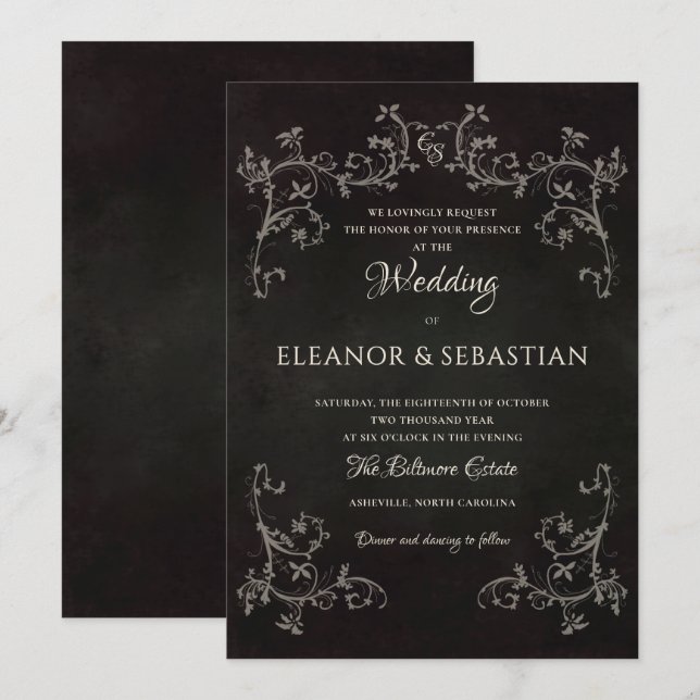 Convite Casamento Escuro Gótico Vitoriano com Renda Botâni (Frente/Verso)