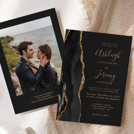 Convite Casamento Escuro Moderno com Foto de Ágata Dourada
