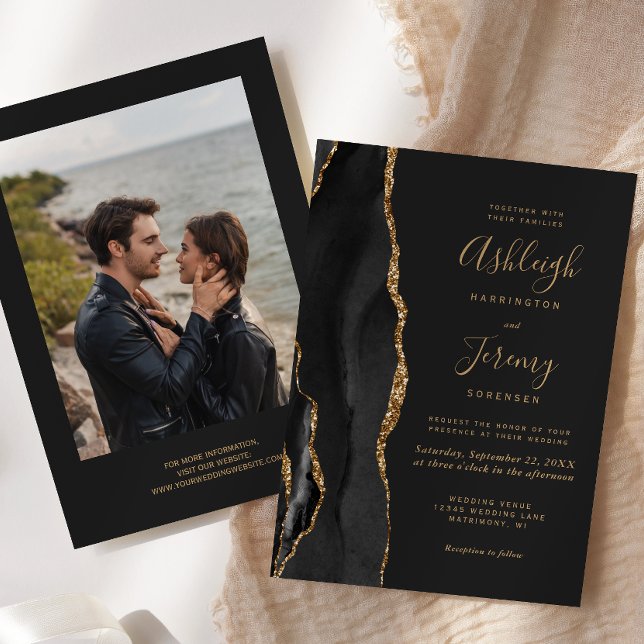 Convite Casamento Escuro Moderno com Foto de Ágata Dourada (Criador carregado)
