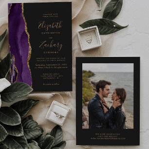 Convite Casamento Escuro Moderno com Foto de Ágata Dourada
