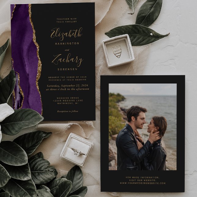 Convite Casamento Escuro Moderno com Foto de Ágata Dourada (Criador carregado)