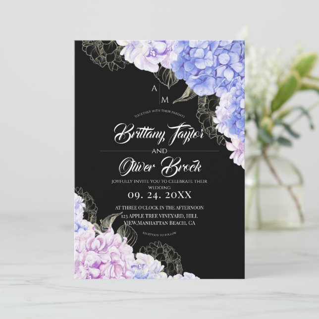 Convite Casamento Escuro Rosa Rústico & Azul Hortênsia (Em pé/Frente)