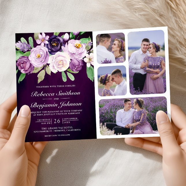 Convite Casamento Escuro Roxo Floral de Berinjela com Códi (Criador carregado)