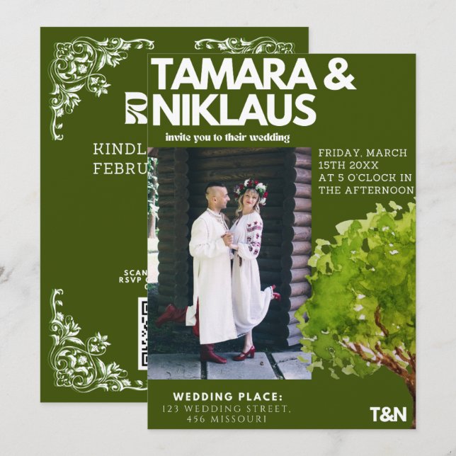 Convite Casamento Eslavo Verde da Floresta Negra Elegante (Frente/Verso)