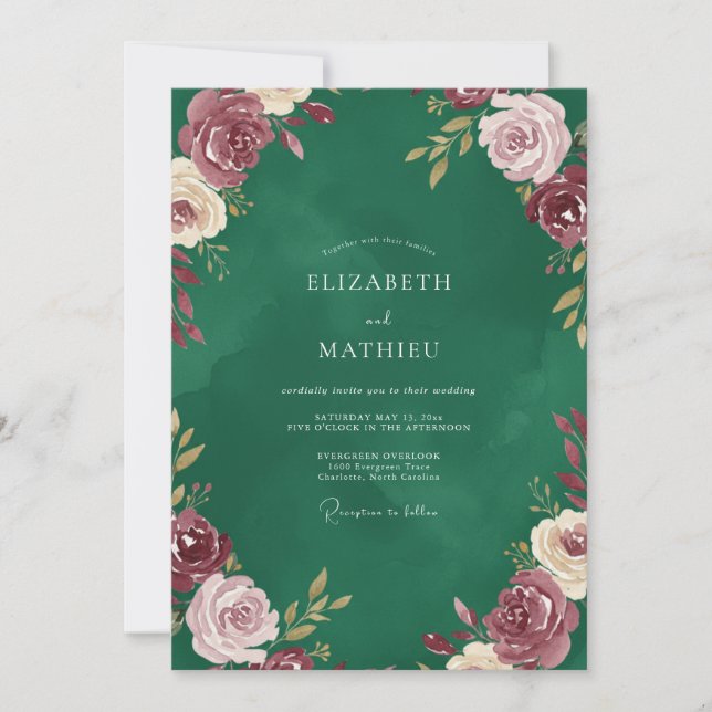 Convite Casamento Esmeralda Borgonha Ranunculus Salvia (Frente)