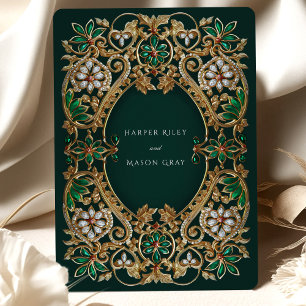 Convite Casamento Esmeralda Elegância e Ouro Antigo
