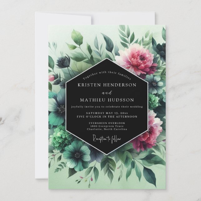 Convite Casamento Esmeralda Fúcsia Vesper (Frente)