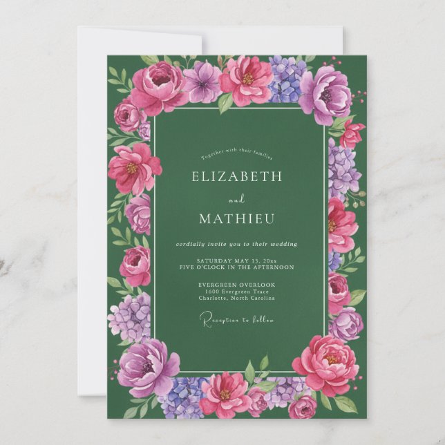 Convite Casamento Esmeralda Ranunculus Eucalipto Magenta (Frente)