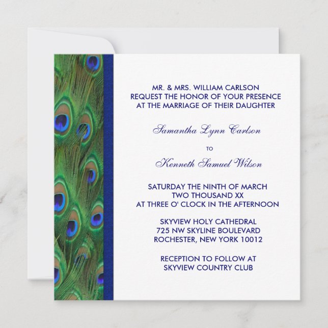 Convite Casamento Esmeralda Verde Azul Real Pavão (Frente)