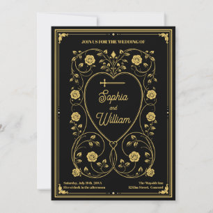 Convite Casamento Espada de Ouro Medieval & Corações Flora
