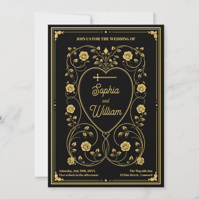 Convite Casamento Espada de Ouro Medieval & Corações Flora (Frente)
