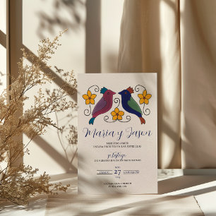 Convite Casamento Espanhol Azul Naval Magenta Floral Aves