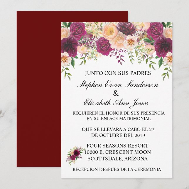 Convite Casamento Espanhol Burgundy Rosa Blush Floral (Frente/Verso)