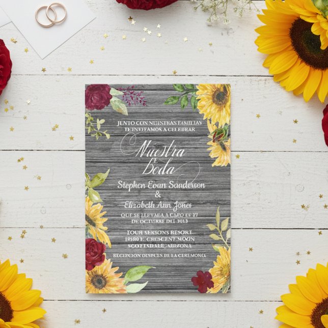 Convite Casamento Espanhol Burgundy Sunflower Boda (Criador carregado)