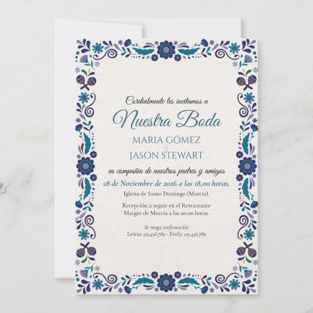 Convite Casamento Espanhol Clássico Elegante com Floral Az (Frente)