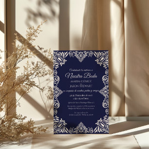 Convite Casamento Espanhol Clássico Elegante Floral Azul M