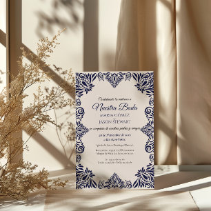Convite Casamento Espanhol Clássico Elegante Floral Azul M