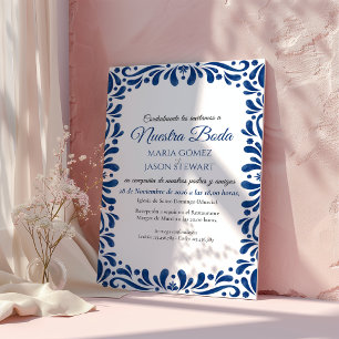 Convite Casamento Espanhol Clássico Estético Floral Azul B