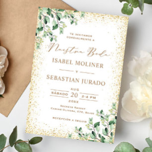 Convite Casamento Espanhol com o Frame Dourado Greenery Nu