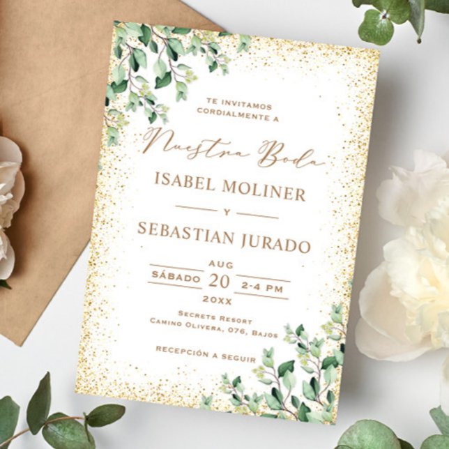 Convite Casamento Espanhol com o Frame Dourado Greenery Nu (Criador carregado)