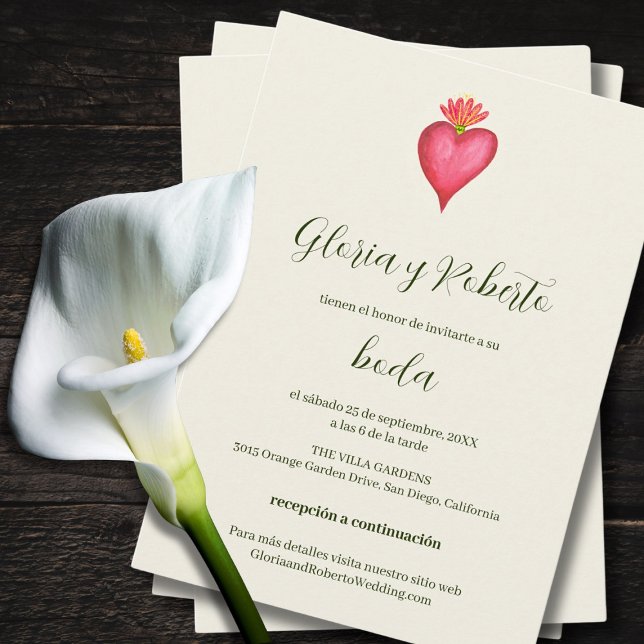 Convite Casamento Espanhol, Coração Vermelho E Flor Mexica (Criador carregado)