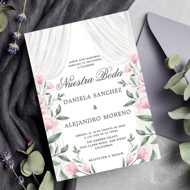 Convite Casamento Espanhol da Cortina Floral Nuestra Boda (Criador carregado)