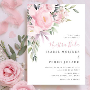 Convite Casamento Espanhol da Nuestra Buquê Flor Rosa Boda