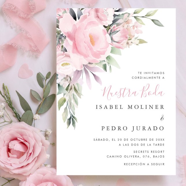 Convite Casamento Espanhol da Nuestra Buquê Flor Rosa Boda (Criador carregado)