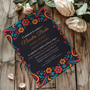 Convite Casamento Espanhol de Arte Folclórica Floral Preta