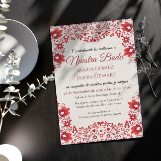 Convite Casamento Espanhol de Arte Folclórica Floral Verme