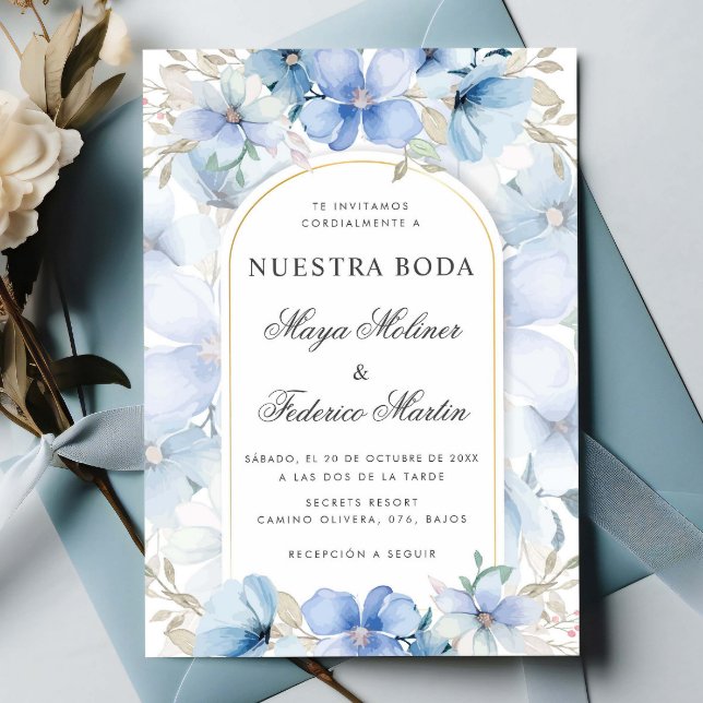 Convite Casamento Espanhol de Boda, Nuestra Floral Azul (Criador carregado)