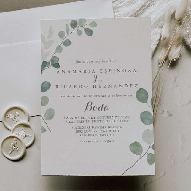 Convite Casamento Espanhol de Eucalyptus, Greenery Minimal (Criador carregado)