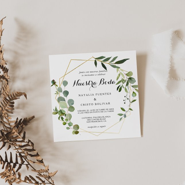 Convite Casamento Espanhol de Folhas Verdes Tropicais (Criador carregado)