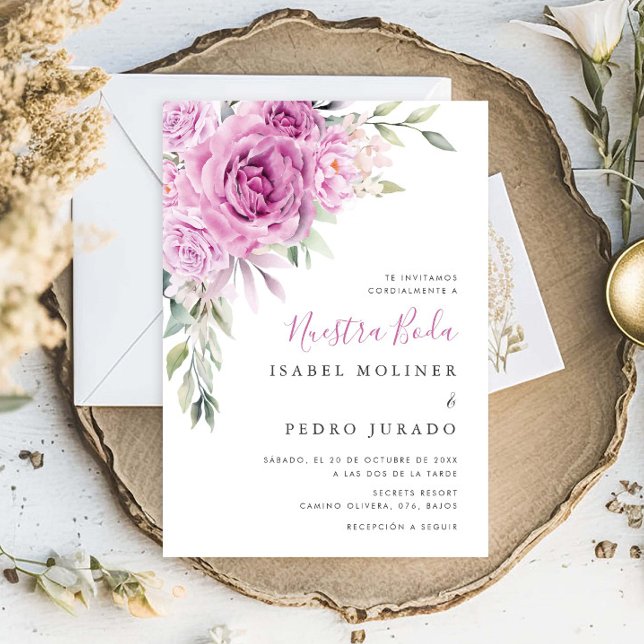 Convite Casamento Espanhol de Nuestra Buquê de Flor Roxo (Criador carregado)