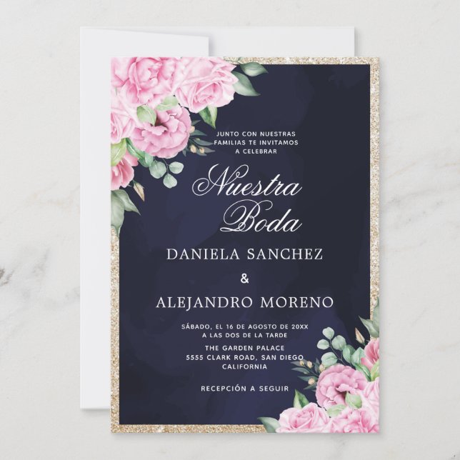 Convite Casamento Espanhol de Nuestra Floral Rosa Nuestra  (Frente)
