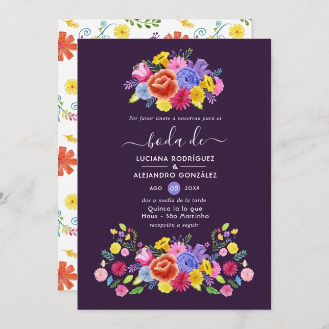 Convite Casamento Espanhol de Watercolor Floral Fiesta (Frente/Verso)