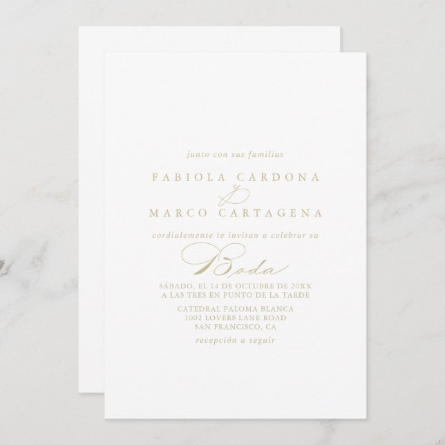 Convite Casamento Espanhol Dourado com Caligrafia Elegante (Frente/Verso)