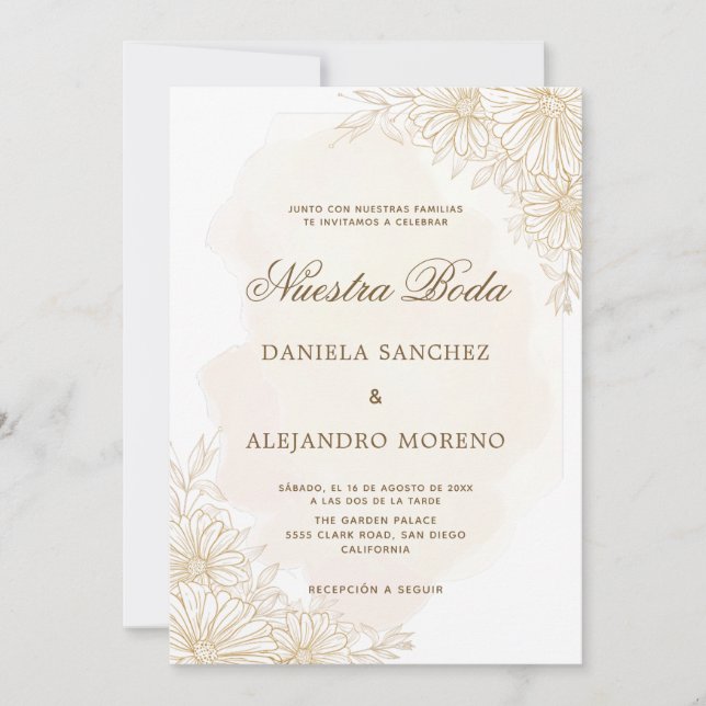 Convite Casamento espanhol Elegante Dourada Nuestra Floral (Frente)