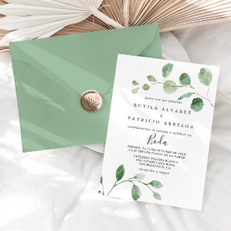 Convite Casamento Espanhol Elegante Minimalista Eucalyptus