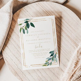 Convite Casamento Espanhol Eucalyptus Geométrico Dourado